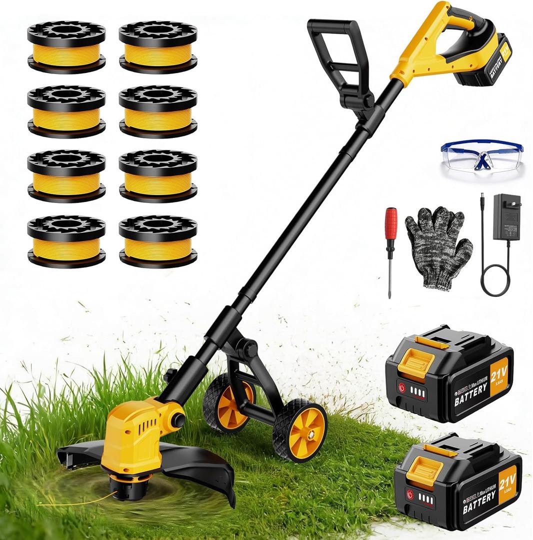Cordless String Trimmer with Wheels, 14-Inch 2x3.0Ah 21V Battery Powered Weed Eater, Electric Lawn Mower Weed Wacker, Brush Cutter Grass Trimmer for Garden Yard (Yellow)