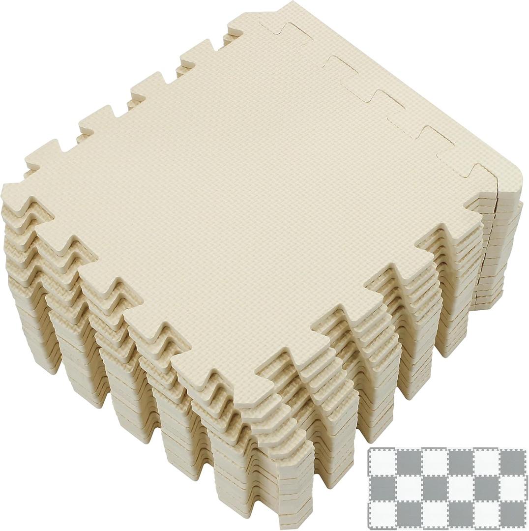 Yostrong 18 Tiles Interlocking Puzzle Foam Baby Play Mat with Straight Edges for Playing - EVA Babies Crawling Mat | Rubber Floor Work Out Mats for Home Gym. Beige. YOC-Jb18S18