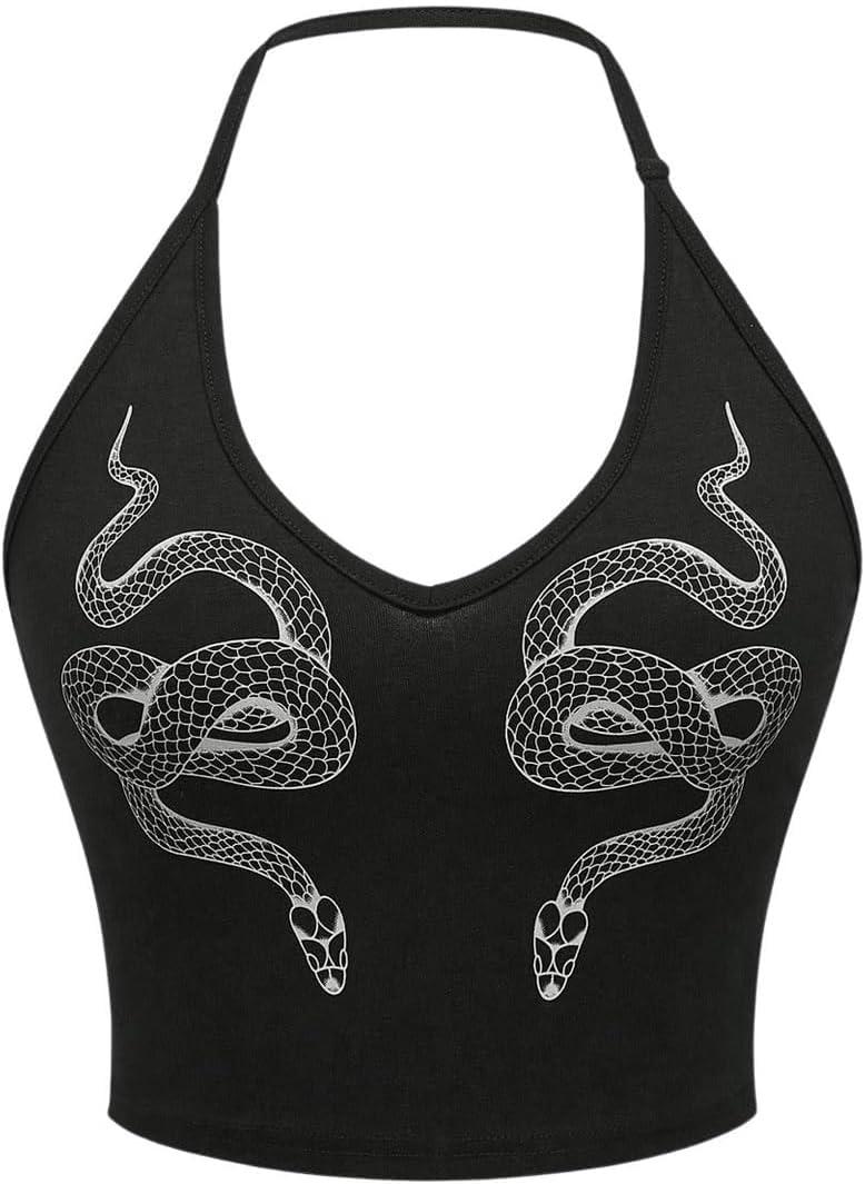 SHENHE Women's Y2k Halter Neck Snake Print Top Sleeveless Fitted Gothic Crop Cami Top Black X-Large