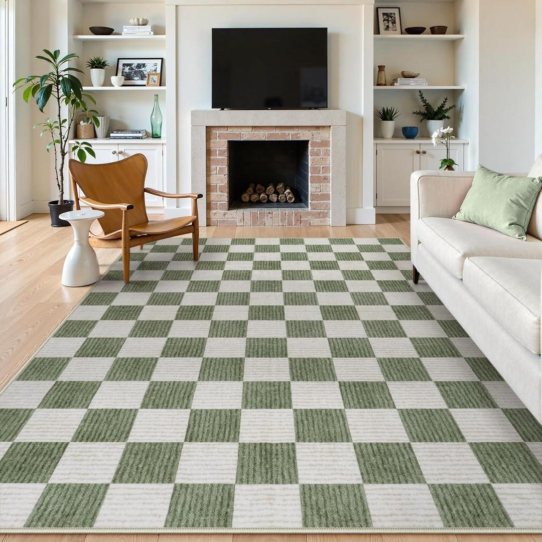 LIVEBOX 8x10 Area Rugs for Living Room, Checkered Non-Slip Washable Rugs, Farmhouse Neutral Classic Geometric Large Boys Area Rug for Bedroom, Carpet for Living Dining Room Office(Sage Green,8'x10')