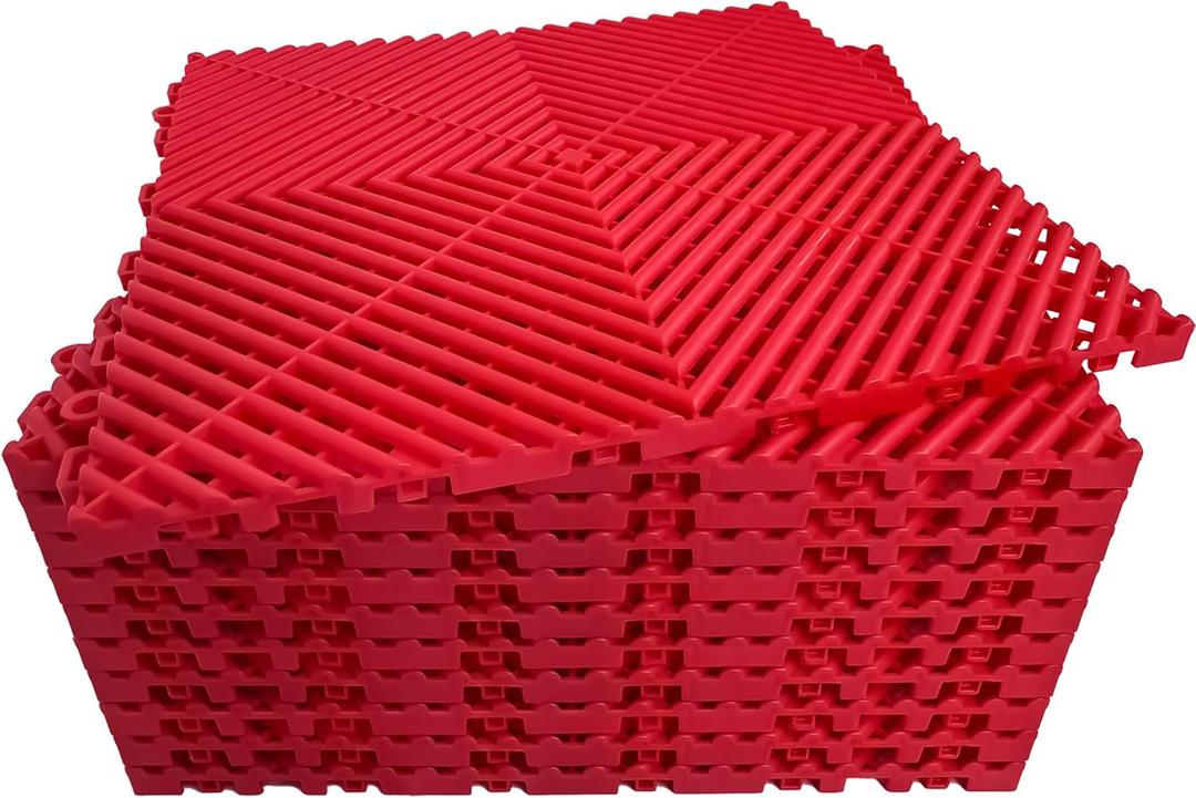 24 Pack 16"x16" Interlocking Garage Floor Tiles - Drainage Mats, Non-Slip, Heavy-Duty, Easy Install for Garage, Car Wash, Basement(Red)