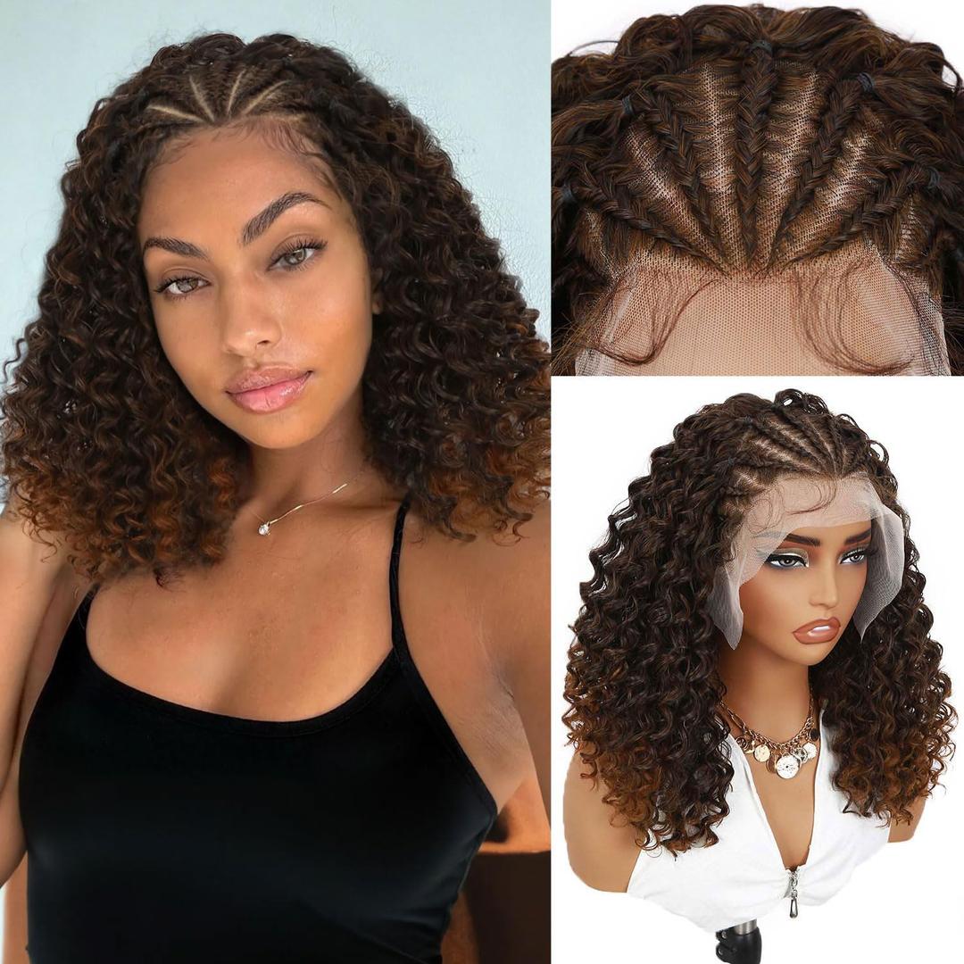 Fancy Hair Braided Wig Cornrow with Curly Hair Wig HD Lace Front Wig with Baby Hair Pre Plucked Glueless Transparent 13x4 Inch Ombre Brown Wig for Black Women