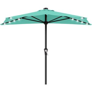 AreShark 9ft Patio Half Umbrellas with Solar Lights, 1/2 LED Half Outdoor Umbrella w/ 20 LED Lights, Lighted Table Wall Umbrella with Crank & 5 Sturdy Ribs for Market, Pool, Deck, Lawn and Garden, Teal Blue