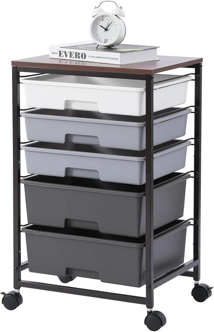 SYKIARIOL Utility Cart with 5 Drawers,Storage Drawer Cart with Wooden Tabletop and Lockable Wheels,Craft Storage Trolley Cart,5-Tier Rolling Utility Cart on Wheels,Dark Grey