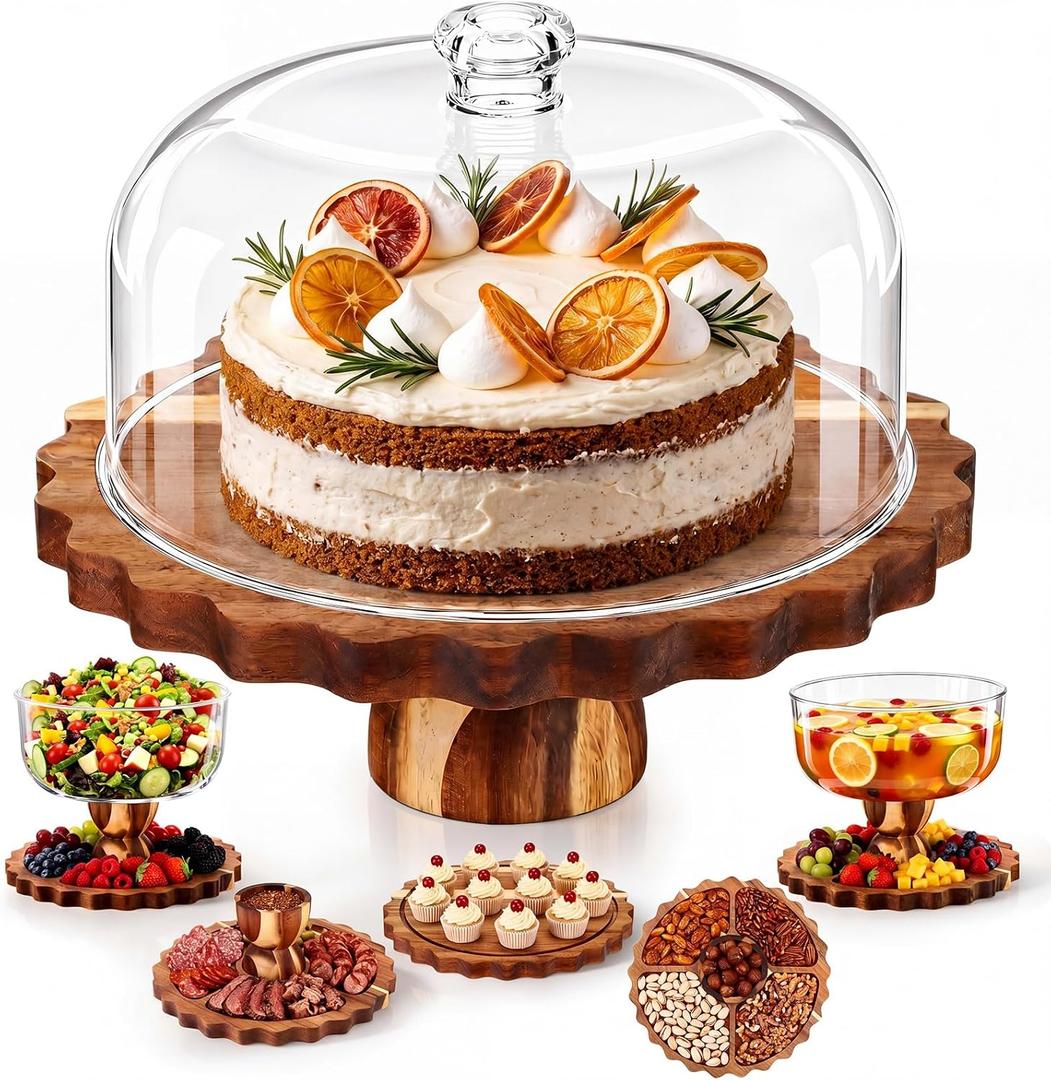 Acacia Wood Cake Stand with Acrylic Lid 12" 6-in-1 Dessert Table Display Holder Set for Birthday Wedding Party Kitchen Multi-purpose Serving Tray for Cheese, Salad, Chips, Fruit, Cake