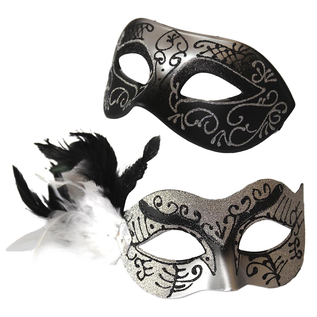 Wildarms Couple Masquerade Masks - Feather Women & Venetian Men Masks for Halloween Party, Mardi Gras Cosplay (Silver Black, one size)