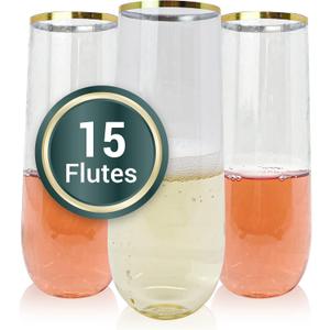 Reli. Champagne Flutes Plastic | 15 Pack | 9 oz - Gold Rim Clear | Stemless Premium Plastic Champagne Flutes | Party-Perfect for Celebrations