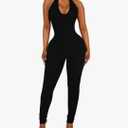 Women's Halter Bodycon Black Jumpsuits - One Piece Backless Leopard Summer Casual Workout Club Pants Rompers Outfits Catsuits, M