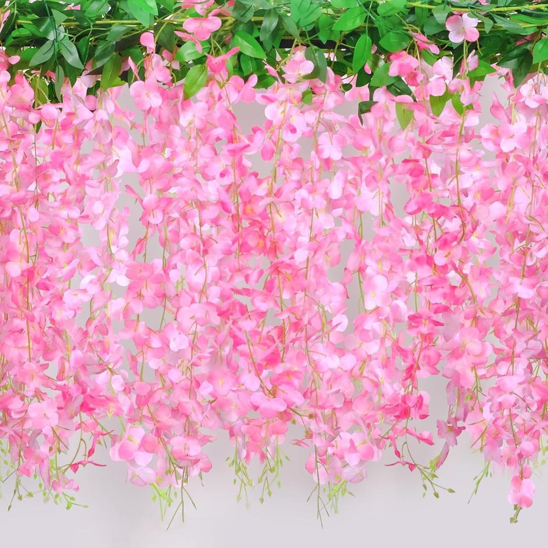 60 Branches Wisteria Hanging Flowers Pink Artificial Wisteria Hanging Flowers Garlands Vine for Wedding Arch Party Ceremony Home Garden Backdrop Wall Decoration (4 Pack)