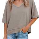 Cicy Bell Womens Summer V Neck T Shirts Casual Short Sleeve Flowy Tops Cute Loose Fit Basic Tees (Beige, L)