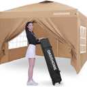 OASISHOME Pop-up Gazebo Instant Portable Canopy Tent 10'x10', with 4 Sidewalls, Windows, Wheeled Bag, for Patio/Outdoor/Wedding Parties and Events (10FTx10FT, Khaki)