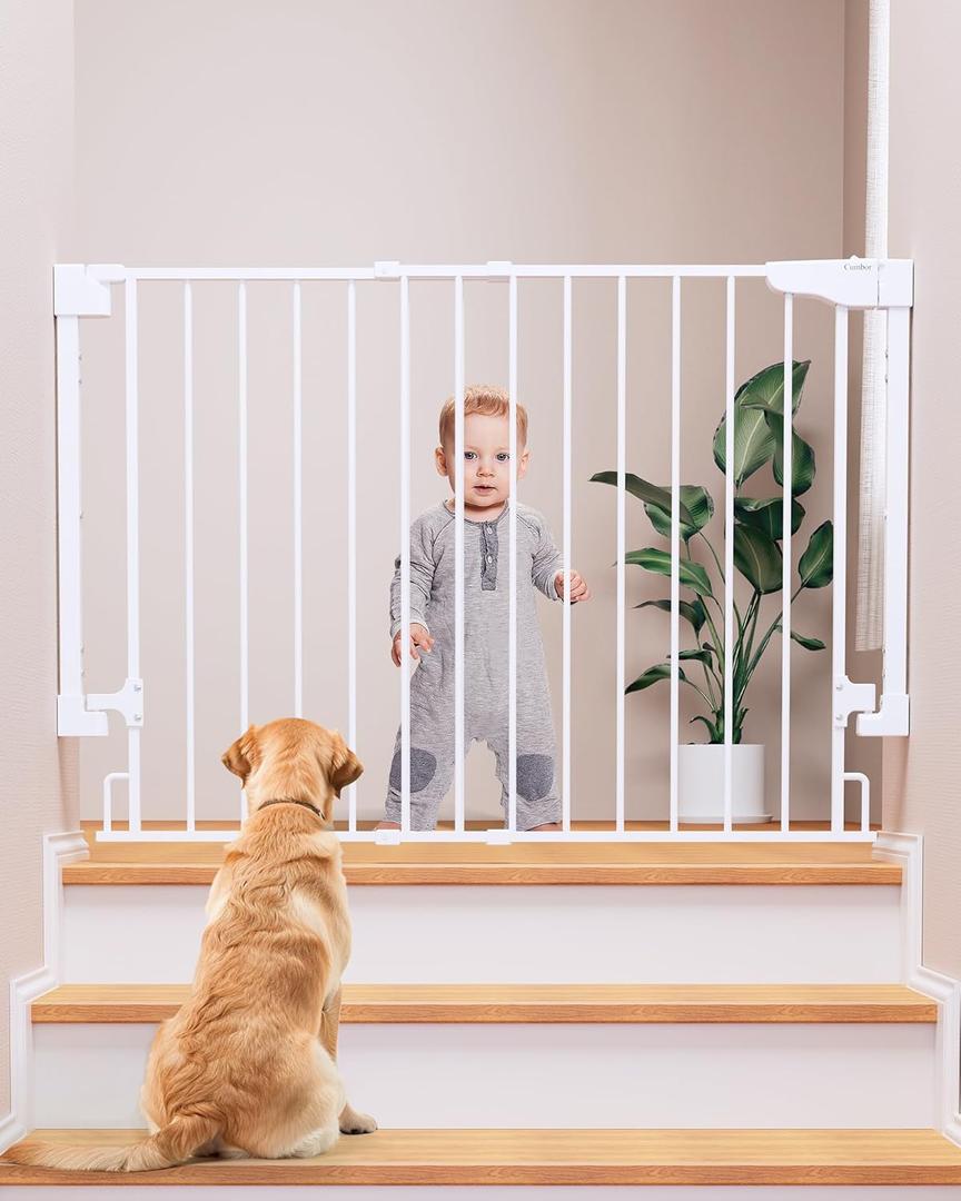 Cumbor 29.243" Baby Gate for Stairs, Wall-Mounted (Drill Required), Expandable No Bottom Bar Dog Gate, Auto Close Extra Wide Walk Thru, Pet & Toddler Proof Gate, Top & Bottom of Stairways (White)