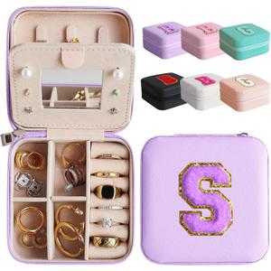 Letter Travel Jewelry Case with Mirror, Mini Portable Jewelry Travel Organizer, Small Jewelry Box for Bridesmaid Gift, Travel Essential to Store Ring, Necklace, Earring(Lavender-S)