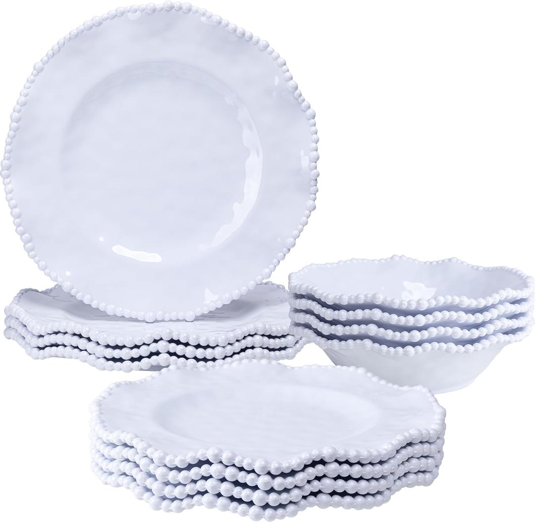 12-Piece White Beaded Melamine Dinnerware Sets  Chip-Resistant Plates & Bowls, Farmhouse Dining Set includes 4 dinner, 4 Salad and 4 Bowl  Ideal for RV, Cabin, Daily Use