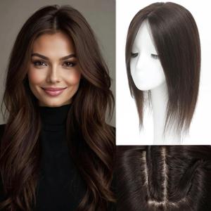 Rootoo Hair Toppers for Women Real Human Hair, 14 Inch Realistic Biological Scalp Topper Hair Pieces for Women with Thinning Hair, Clip in Curtain Bangs Big Base 360° Cover (Dark Brown, 16 Inch)