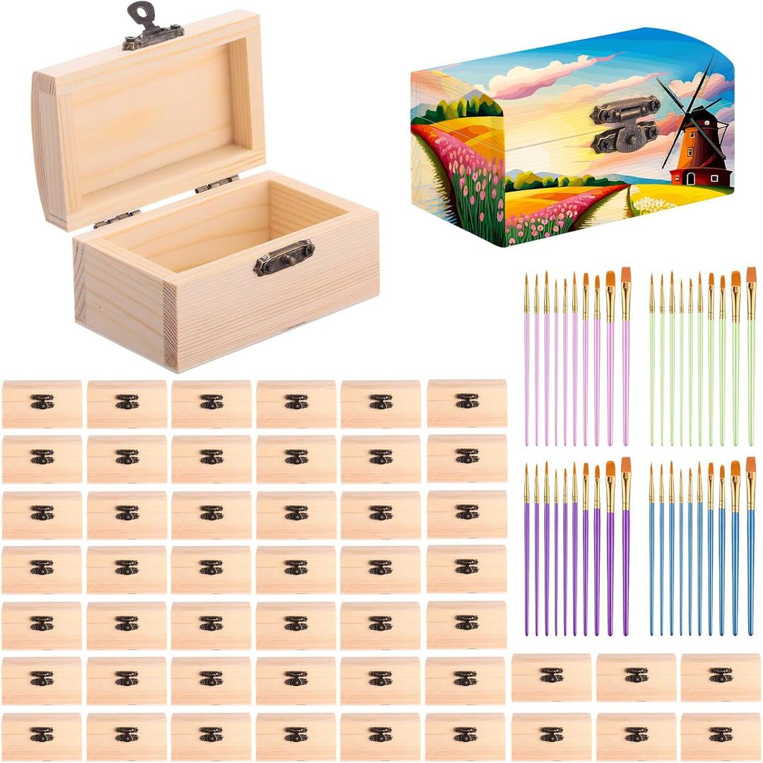 Chumia 48 Pcs Unfinished Wooden Craft Boxes with Paintbrushes Small Wooden Boxes Small Treasure Chest with Lid and Clasp Wood Storage Box for DIY Baby Shower Pirate Decor, 3.5 x 2.2 x 1.8 Inch
