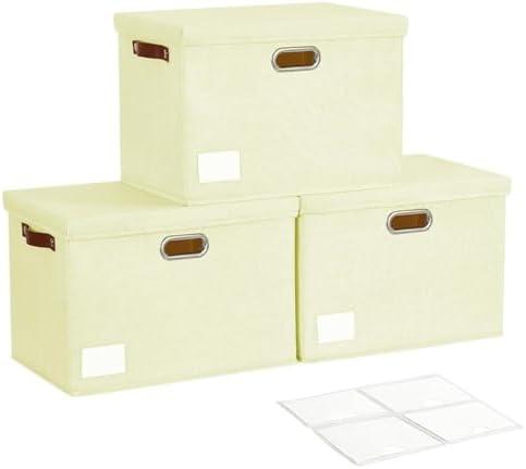 Roobyl 17" Large Collapsible Storage Bins with Lids, Stackable Closet Organizers with PU Handle and Labels, 3-Pack Decorative Fabric Storage Boxes for Home, Bedroom, Closet, Office, Nursery(Beige)