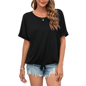 ENMAIN Womens Casual Crewneck T-Shirts Rolled Short Sleeve Basic Tee Shirts Elastic Hem Summer Tops, XXL