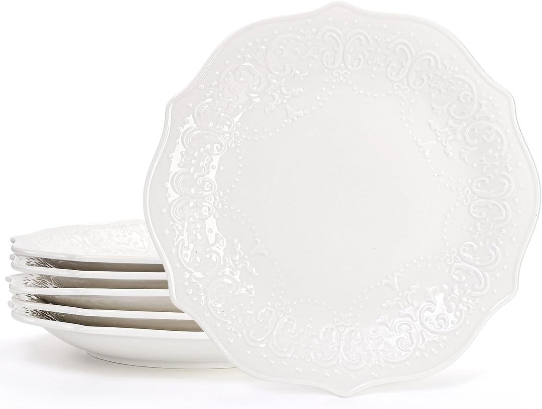 SOUJOY Set of 6 Porcelain Dinner Plate, 10'' Embossed Salad Plates, White Dessert Serving Plates for Steak Appetizer, Kitchen Plates for Restaurant, Family Party, Dishwasher Microwave Safe