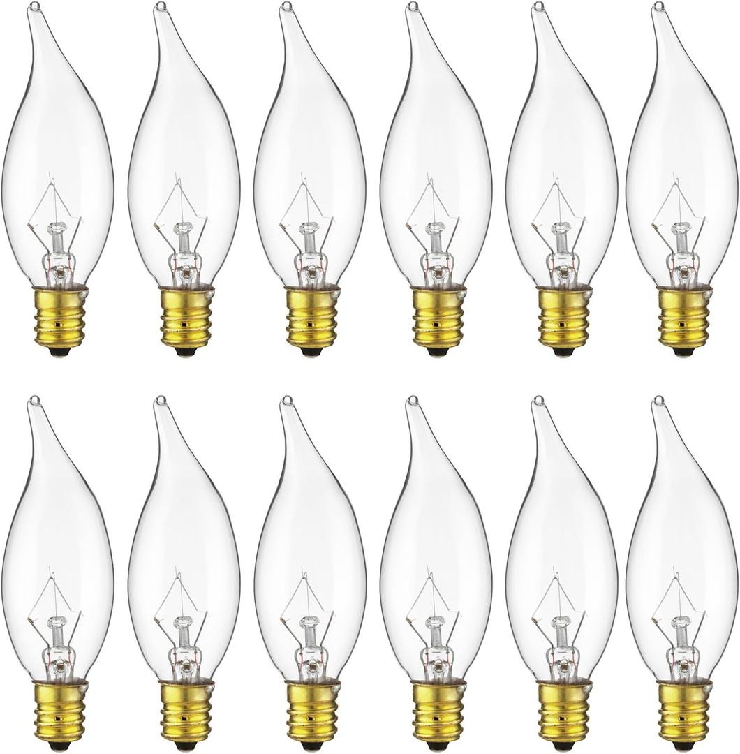 Sunlite 40009 Incandescent Petite Clear Chandelier Light Bulb, 15 Watts, 105 Lumens, Candelabra E12 Base, Flame Tip, 2600K Warm White, 12-Pack