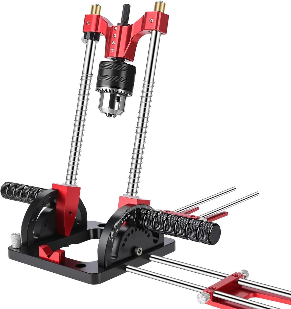 Portable Drill Guide, Multi Angle Drill Guide for Straight Holes, Precision Drill Guide for 1/16" - 1/2", Self-Centering Pins, Power Drills w/Chuck & Key, Adjustable Angle from 0 to 60