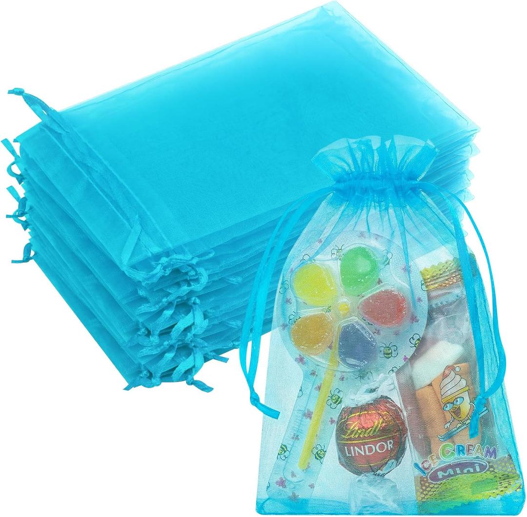 Crweety 50PCS Blue Organza Bags 4x6, Small Mesh Gift Bags Drawstring, Elegant Sachet Bag Empty for Jewelry Candy Treats Baby Shower Wedding Birthday Graduation Party Favor Candy Packaging