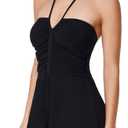 Profile by Gottex Tutti Frutti Bandeau Romper Swimdress - Adjustable Halter Straps, Swim Romper with Built-in Panty (Black, 8)