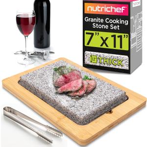 NutriChef Sizzle Hot Cooking Stone Grill with Bamboo Platter, Tabletop Granite Stone Grill with Non-Slip Handles, Adjustable Temperature Control, 550F Max Heat - Perfect for Meats and Vegetables
