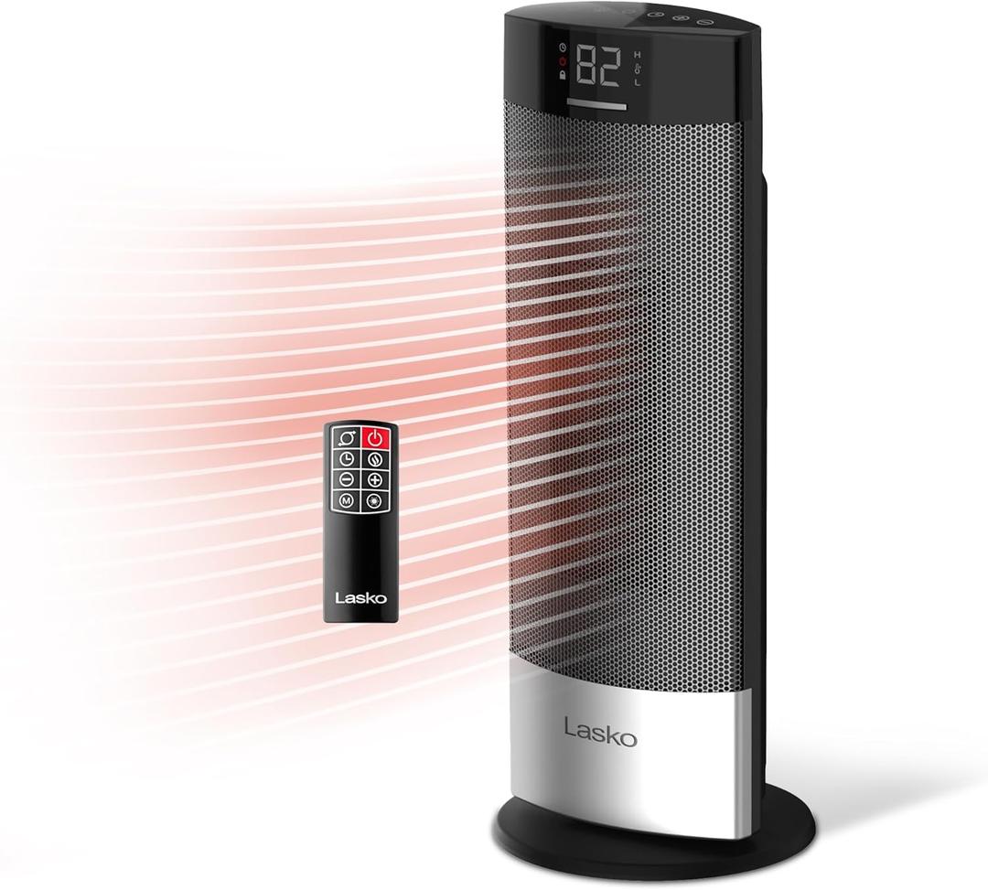 Lasko Ellipse Ceramic Tower Heater for Home with Tipover Switch, Child Lock, Digital Display, Thermostat, Wide Oscillation, Remote, Timer, For Bedroom, Office, Living Room, Den, 1500W, Black, CT18950 (18")