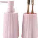 YAUKPH Bathroom Accessories Set 2 Piece Soap Dispenser and Toothbrush Holder for Bathroom Countertop Striped Pink