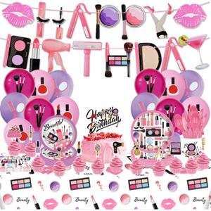 Makeup Birthday Party Supplies include Happy Birthday Banner Balloons Cupcake Toppers Plates Napkins Cups Knives Spoons Forks Tablecloth, Spa Party Decoration for Girls Women