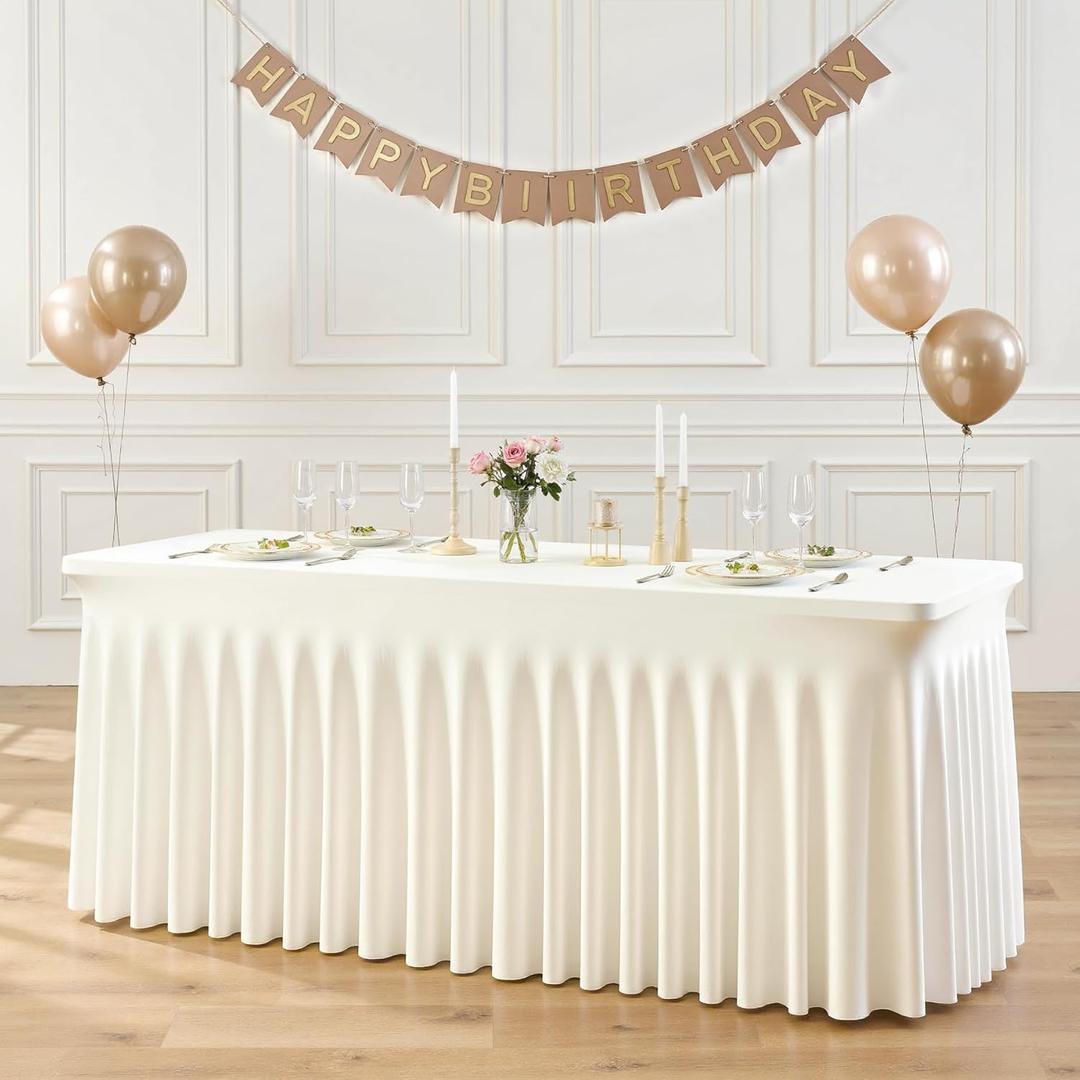 Suppromo 6ft Ivory Spandex Tablecloths for Rectangle Tables Wrinkle Free Ivory Table Cloth Rectangle Stretch Fitted Table Cover with Skirt for Wedding Birthday Party Banquet Baby Shower Buffet Event (72" x 30" (6FT - 1 Pack))