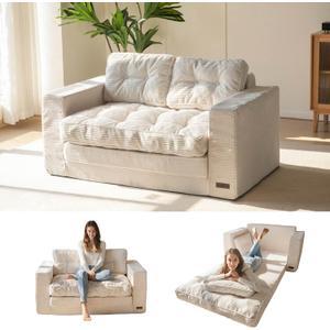 MAXYOYO Convertible Sofa Bed, Pull Out Loveseat Sleeper Sofa, 2 in 1 Folding Couch Bed, Fold Out Floor Couch with Pillows for Living Room Bedroom Lounge, Beige