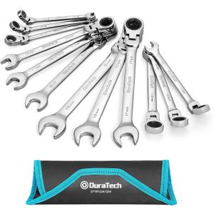 DURATECH Flex-Head Ratcheting Wrench Set, Combination Wrench Set, 72 Tooth, Metric, 12-piece, Size Covers 8-19mm, CR-V Steel, with Rolling Pouch