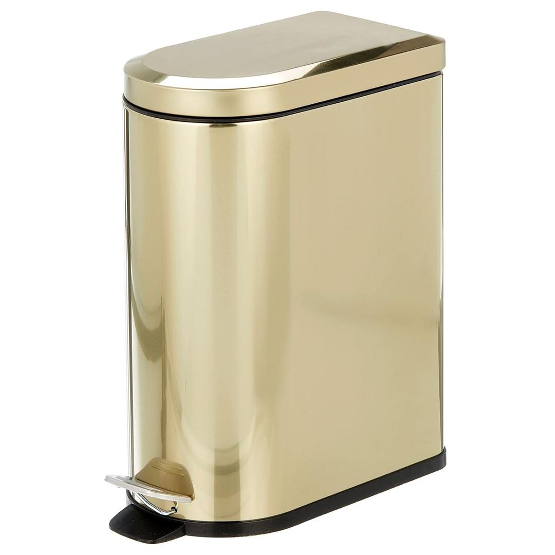 mDesign Small 2.6 Gallon/10 Liter Stainless Steel Metal Step Trash Can Garbage Bin for Bathroom, Bedroom, Office, D-Shape Trashcan with Foot Pedal/Lid, Removable Liner Bucket with Handles, Soft Brass