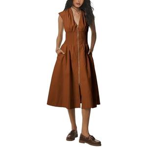 Tomosc Women Sleeveless Midi Dress Summer Casual V Neck Zip Front Smocked Shirt Dress with Pockets XS