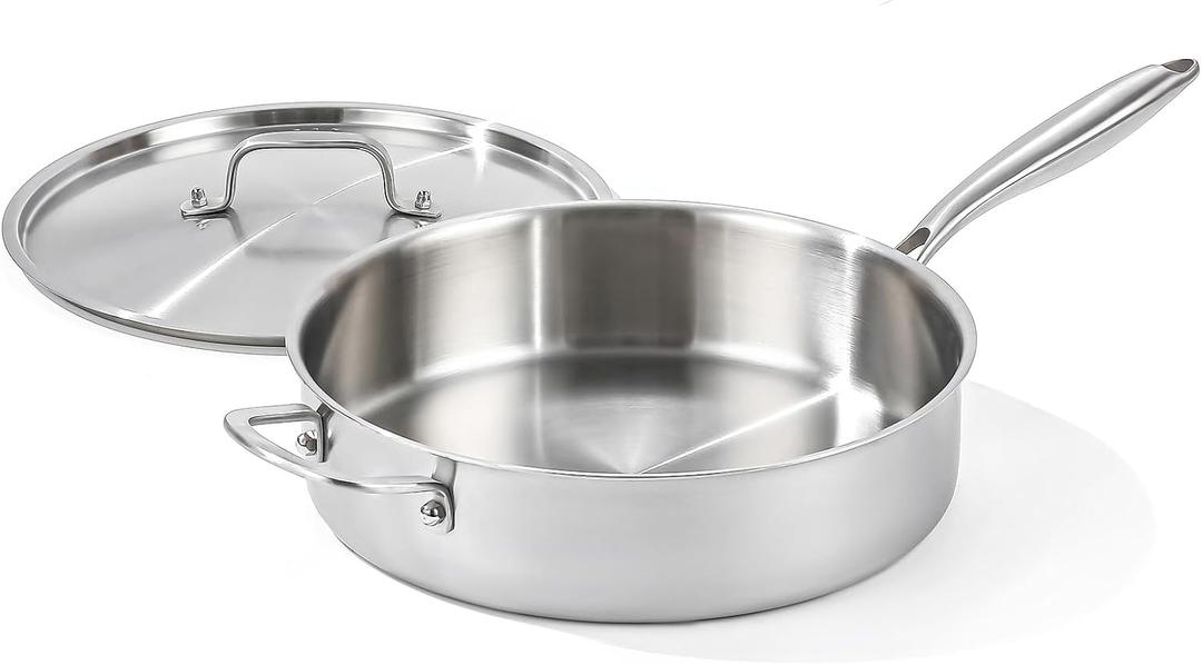DELARLO 5QT Saute Pan Tri-Ply Stainless Steel Pan, 12Inch Deep Frying Pan with Steel cover, Kitchen Large Skillet,Heavy Duty Style Compatible With All Cooktops Up to 650