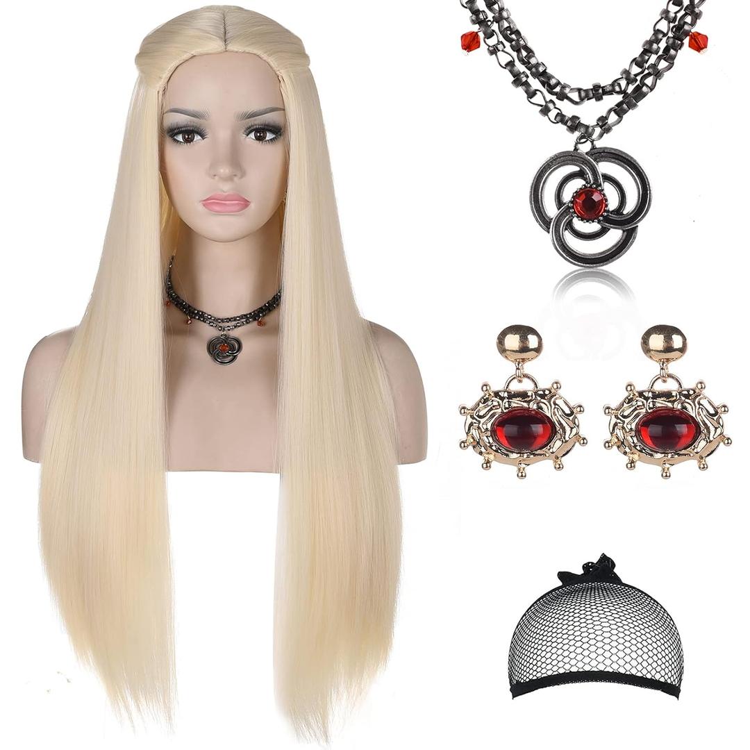 Morvally Young Princess Costume Wig for Women with Necklace and Earrings, Long Blonde Braided Middle Part Synthetic Wig for Cosplay Halloween Party (Blonde Style 1)
