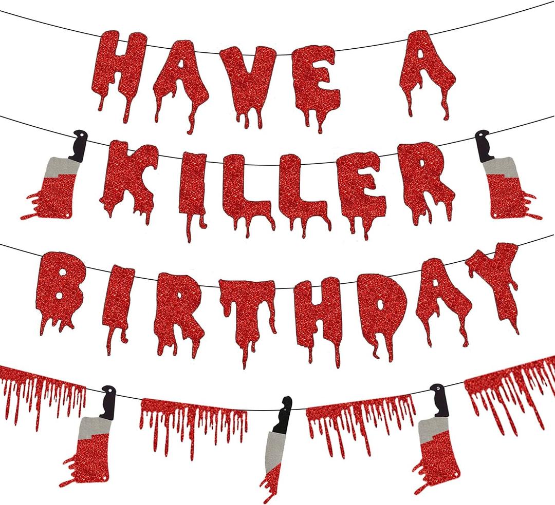 3 x Saliyaa Halloween Horror Birthday Party Decorations Banner, Have a Killer Birthday Banner, Red Blood Drop Garland, Halloween HBD Vampire Killer Party Decorations