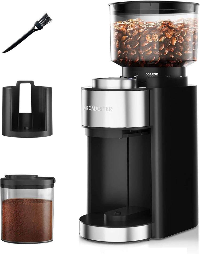 Aromaster Burr Coffee Grinder, Electric Conical Coffee Bean Grinder for Home Use, with 25 Grind Settings, 3-Ears Portafilter Holder, Anti-static Design, Adjustable 2-12 Cups Timer, Cleaning Brush