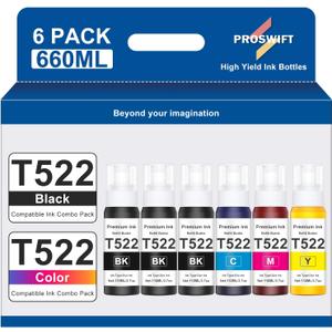522 High Capacity (6 Bottles) Ink Refill Bottles Combo Pack Replacement for Epson Compatible 522 Ink Use for EcoTank ET-2800 ET-2803 ET-2400 ET-4800 ET-2720 ET-2840 ET-3850 ET-2850 Printer