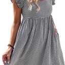 SOLY HUX Women's Plaid Gingham Square Neck Babydoll Smock Dress Ruffle Beach Cap Sleeve Short Dresses Black and White Gingham, Medium
