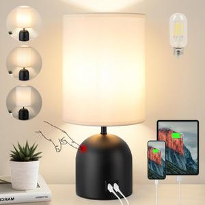 Touch Control Table Lamp for Bedroom, 3 Way Dimmable Modern Black Bedside Lamps with 2 USB Charging Ports with Metal Base Fabric Shade for Living Room, Nightstand, Office, Dorm (Bulb Included)