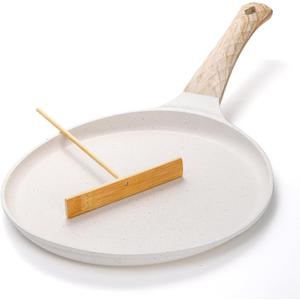 Hiceeden Nonstick Crepe Pan with Spreader, 10-Inch Tortilla Pan with Detachable Handle, Ceramic Coating Pancake Dosa Tawa Griddle Pan, for All Stove, Induction Compatible, PFOA Free (White)