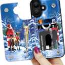 LETO Christmas Wallet Phone Case for iPhone 16 Plus - Flip Folio Leather Kickstand - Credit Card Holder - Shockproof Protective Cover for Women and Girls - Santa with Deer