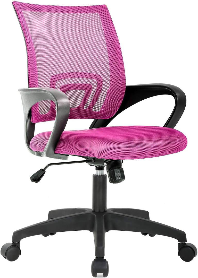 BestOffice | Ergonomic Office Chair | Mid-Back Swivel Desk Chair | Breathable Backrest & Lumbar Support | Adjustable Height | Sponge Seat | Rolling Wheels | Pink | for Adults & Women