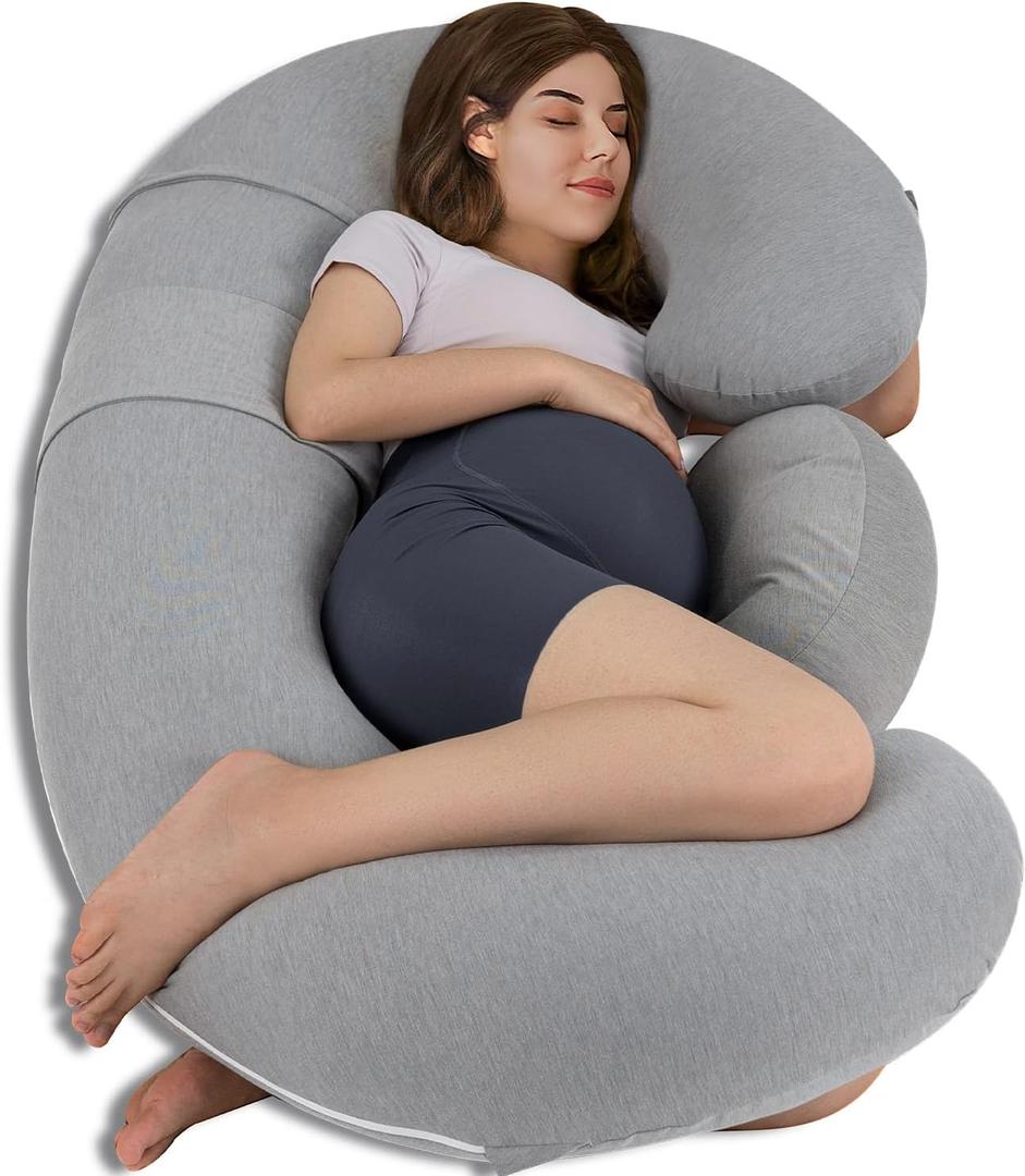 QUEEN ROSE Cooling Pregnancy Pillows, E Shaped Maternity Pillow for Sleeping, with Extra Wedge Pillow for Belly Support, 55 Inch Detachable Body Pillow, Breathable Cover, Grey (Versatile - Glossy Gary)