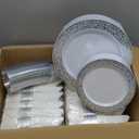 Goodluck 350pc Silver Plastic Dinnerware Set for 50 Guests - Disposable Lace Plates, Napkins, Silverware & Cups