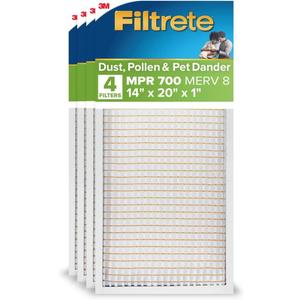 Filtrete 14x20x1 AC Furnace Air Filter, MERV 8, MPR 700, Tough on Pollen, Easy on Airflow, 3-Month Pleated 1-Inch Electrostatic Air Cleaning Filter, 4-Pack (Actual Size 13.688 x 19.688 x 0.78 in)