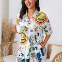 Donnalla Pajamas for Women Set 2 Piece Loungewear Set Collared Short Sleeve Lounge Sets Graffiti Pjs Spring Outfits, XS